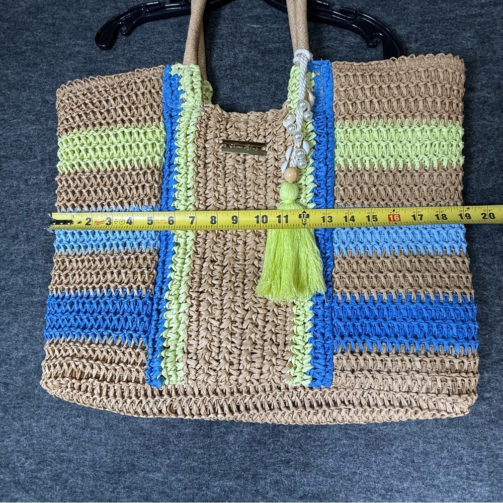 Shore Thing Woven Straw Beach Tote Bag‎ Striped Blue Lime Green Shell Tassel - Picture 11 of 12